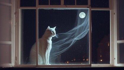 A white cat is sitting on the window.Generative AI
