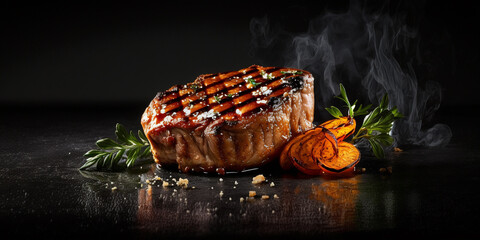 Tender and juicy pork meat with a crispy golden crust, beautifully captured on a dark background. Perfect for food and cooking related projects