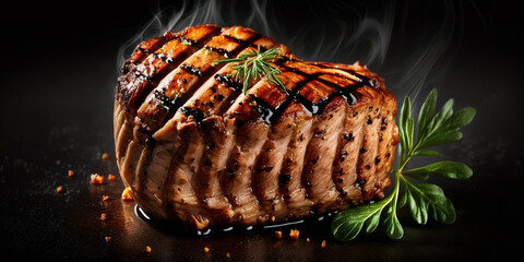 Tender and juicy pork meat with a crispy golden crust, beautifully captured on a dark background. Perfect for food and cooking related projects