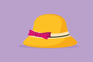 Fototapeta premium Character flat drawing of ladies hat vintage logo icon. Pretty straw hat with ribbon. Fashionable women hats. Retro fashion. Women accessory template label logotype. Cartoon design vector illustration
