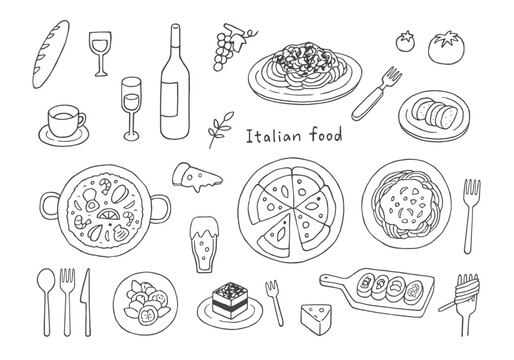 イタリアン料理の手描きイラストセット（モノクロ）