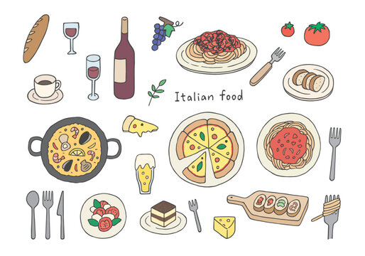 イタリアン料理の手描きイラストセット（カラー）