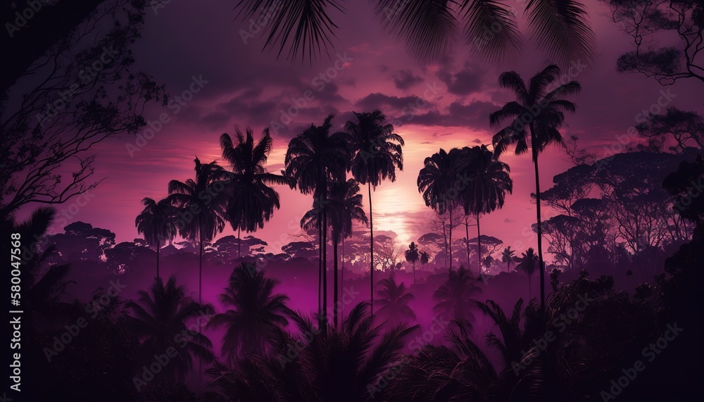 Poster purple sky and palm trees.generative ai