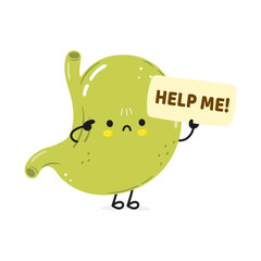 Cute sad sick stomach asks for help character. Vector hand drawn cartoon kawaii character illustration icon. Isolated on white background. Suffering unhealthy stomach character concept