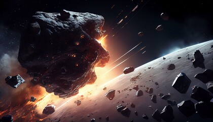 An epic scene of a spacecraft flying through an asteroid field, with rocky debris flying all around. Generative AI