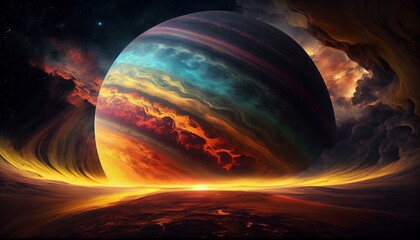 A serene view of a gas giant planet, with its swirling clouds and colorful bands. Generative AI