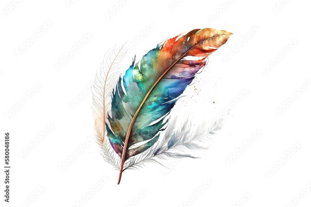 Poster bird feather drawn with multicolored watercolors isolated on white background. generated by ai