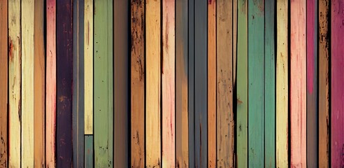 Wooden texture. Colorful Painted old wood. Fence planks. Rustic background with space for design. ai generative