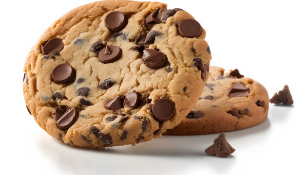 chocolate chip cookies, macro photo, isolated white background, generative ai