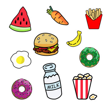 icons, food, burger, hamburger, vector, icon, pizza, sandwich, set, fast, illustration, cake, cheese, fast food, cartoon, drink, breakfast, lunch