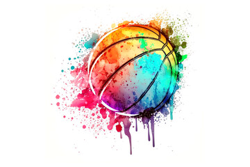 basketball ball is drawn with multi-colored watercolors isolated on a white background. Generated by AI