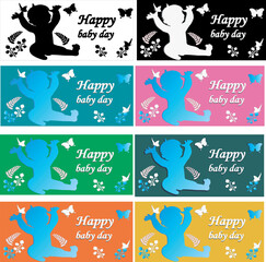 Happy birthday baby. Baby, butterflies on a white, black, pink, blue, lettuce, sea wave, orange and yellow background.