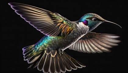 hummingbird flying, isolated black background, generative ai