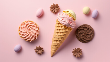 Fototapeta na wymiar ice cream and macaroons on a light pink background. Generative AI