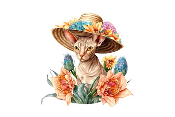 cat canadian sphynx in a hat with flowers painted with colored watercolors isolated on a white background. AI generated