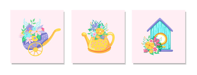 Set of cover templates for greeting flower cards with flowers, birdhouse and watering can in flat minimal style. Holiday cartoon design. Vector illustration. 