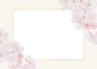Naklejka na ściany i meble watercolor flower frame made of gold with realistic pink peach cherry flowers. Template design element for greeting card, wedding invitation, birthday, celebration, banner, poster. 