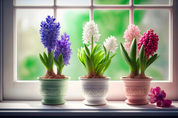 Spring hyacinths in a vase on a light background. AI generativ.