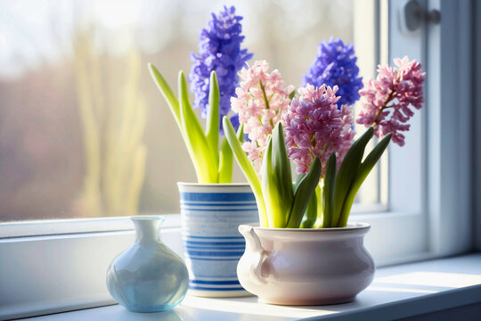 Spring hyacinths in a vase on a light background. AI generativ.
