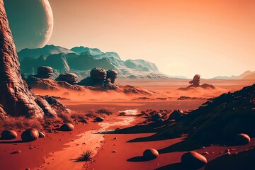 Landscape of unknown red planet surface with craters and mountains with satellites in the sky. Fantasy world. Created with generative ai.