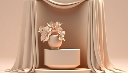3D display podium beige background with curtain. 