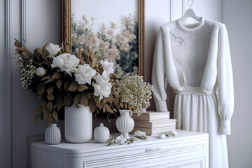 Female clothes and accessories in white minimal room with flowers in vase. Modern dressing room AI generated image.