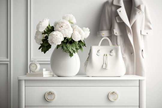 Female clothes and accessories in white minimal room with flowers in vase. Modern dressing room AI generated image.