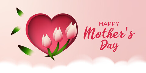 Happy mother’s day greeting template, tulips and heart with clouds for banner, print and web