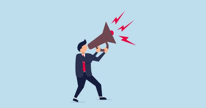 4k flat Business shout out animation, confidence young businessman using megaphone speak out loud to be heard in public.