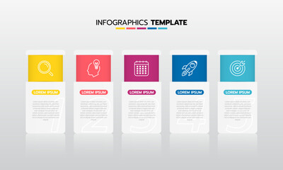 Business infographic template process with simple geometry square, rectangle, circle, triangle, curves in flat design template with thin line icons and 5 options or steps. Vector illustration.