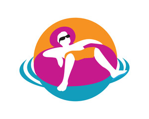 Man Enjoying Holiday by Relaxing in the Pool with Lifebuoy. Visualized with Simple Illustration
