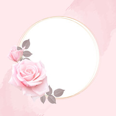 Round watercolor flower frame made of gold with pink rose flowers. Vintage style. template design greeting card, birthday, wedding, invitation, congratulations.  