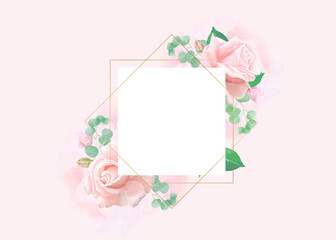 watercolor flower frame in gold with pink rose flowers. Elegant design template greeting card, poster, invitation, birthday, wedding. Vector illustration.  