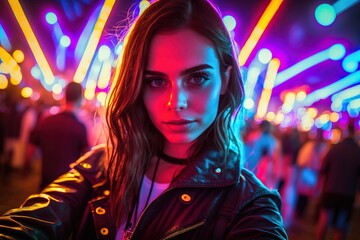 Self portrait of girl at neon festival. Generative Ai illustration