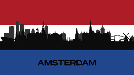 Naklejka premium Vector silhouette of important buildings of the city on the Dutch flag. The silhouette of Amsterdam's famous buildings. Stock Photo