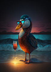Chilling duck with sunglasses drinking an alcoholic drink on a wavy beach