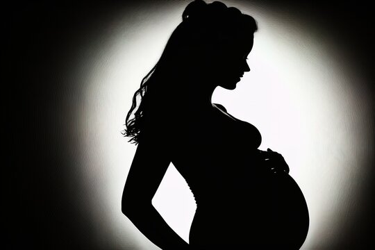 Shadow silhouette of a pregnant woman. Dark background with copy space. Generative Ai illustration