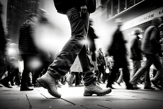 Low angle view of shoes long exposure motion in the city at night. Black and white photograph. Generative Ai illustration