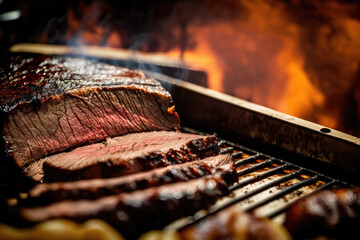 Bbq, grilled brisket meat on grill grate with fire. Close-up view. Created with Generative AI technology.