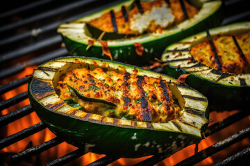 Bbq, grilled stuffed zucchinis on grill grate with fire. Close-up view. Summer picnic outdoors. Created with Generative AI technology.