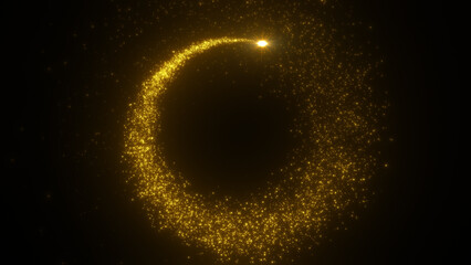 Bright flying sparks of particles, spinning in a circle, follow the flashing star.