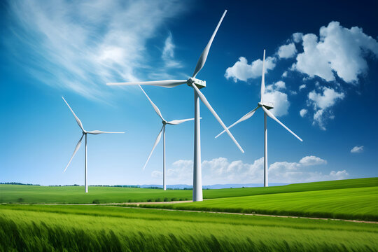 Modern Wind Farm on Green Field on Blue Sky Background: AI Generated Image