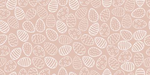 Chalk Easter eggs pattern. Crayon style Easter print. Children drawing eggs hand drawn wax crayons art on white. Color pastel crayons freehand drawn egg background. Fabric Easter texture.Chalk eggs.