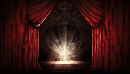 A theater stage with a red curtain and a spotlight in the center. Generative AI illustration.