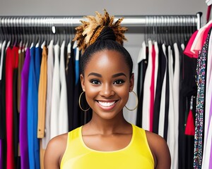 Shopping Concept. African american lady picking trendy clothes In fashion store. Generative AI