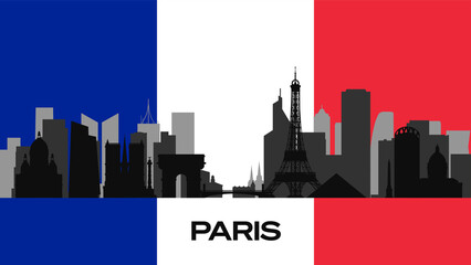 Vector silhouette of important buildings of the city on the French flag. The silhouette of Paris' famous buildings. Stock Photo