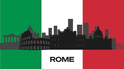 Vector silhouette of important buildings of the city on the Italian flag. The silhouette of Rome's famous buildings. Stock Photo