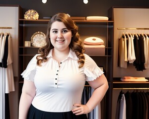 Beautiful overweight woman in shop with clothes. Generative AI