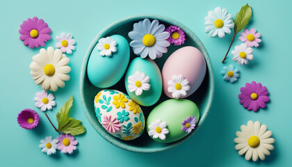 Teal background with colorful easter eggs and flowers. Generative AI.