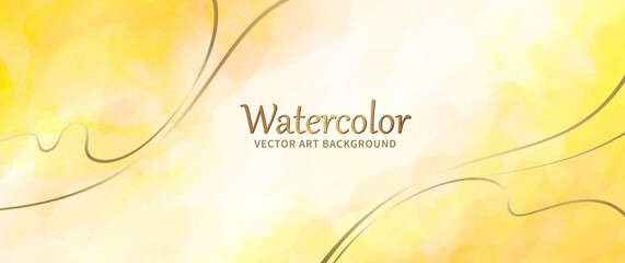 Abstract watercolor yellow vector art background with gold lines for cover design, cards, flyers, poster, banner. Hand drawn summer color painted illustration. 

